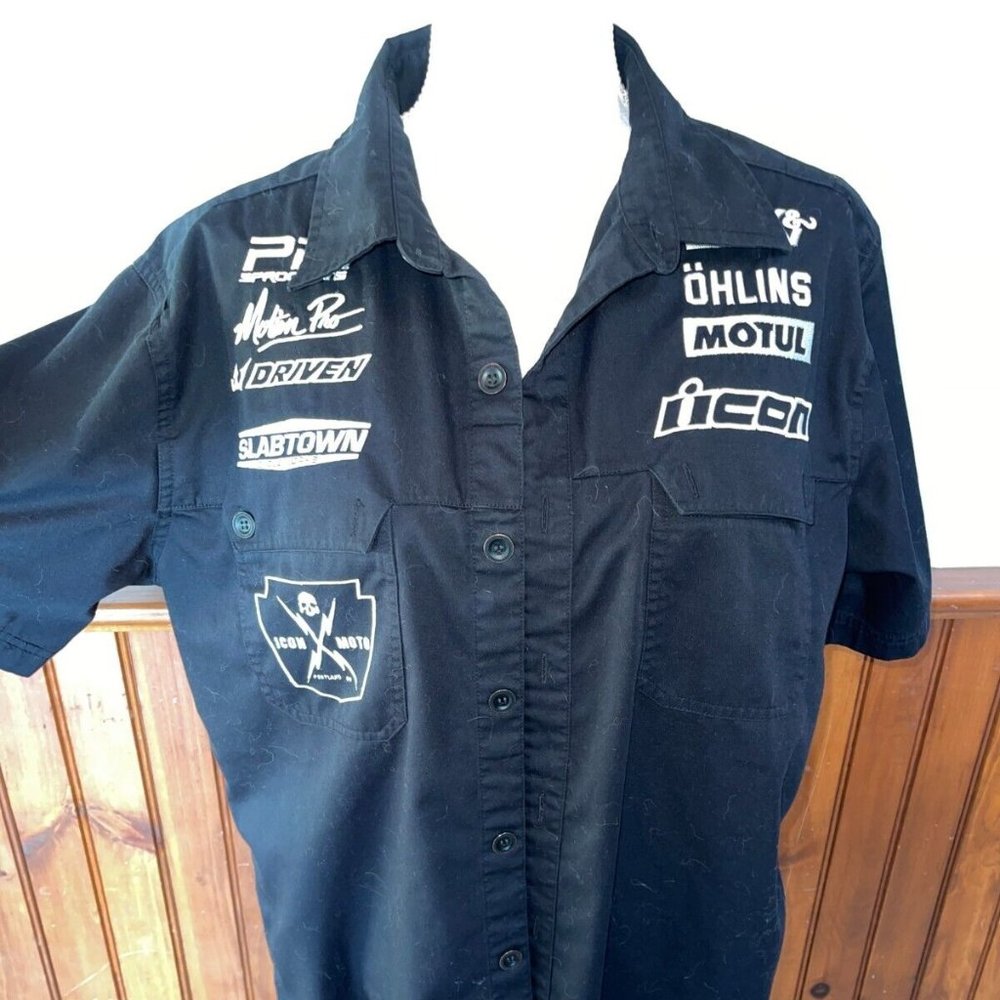 ICON Black Short-Sleeve Button-Down Shirt with White Logos